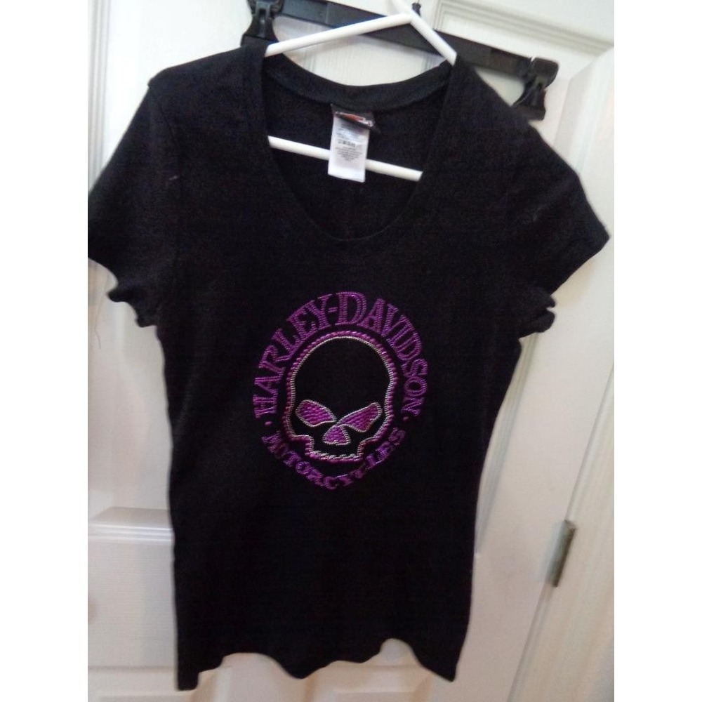 Harley Davidson Motorcycles Woman's T-Shirt Black Purple Sequin Skull Large